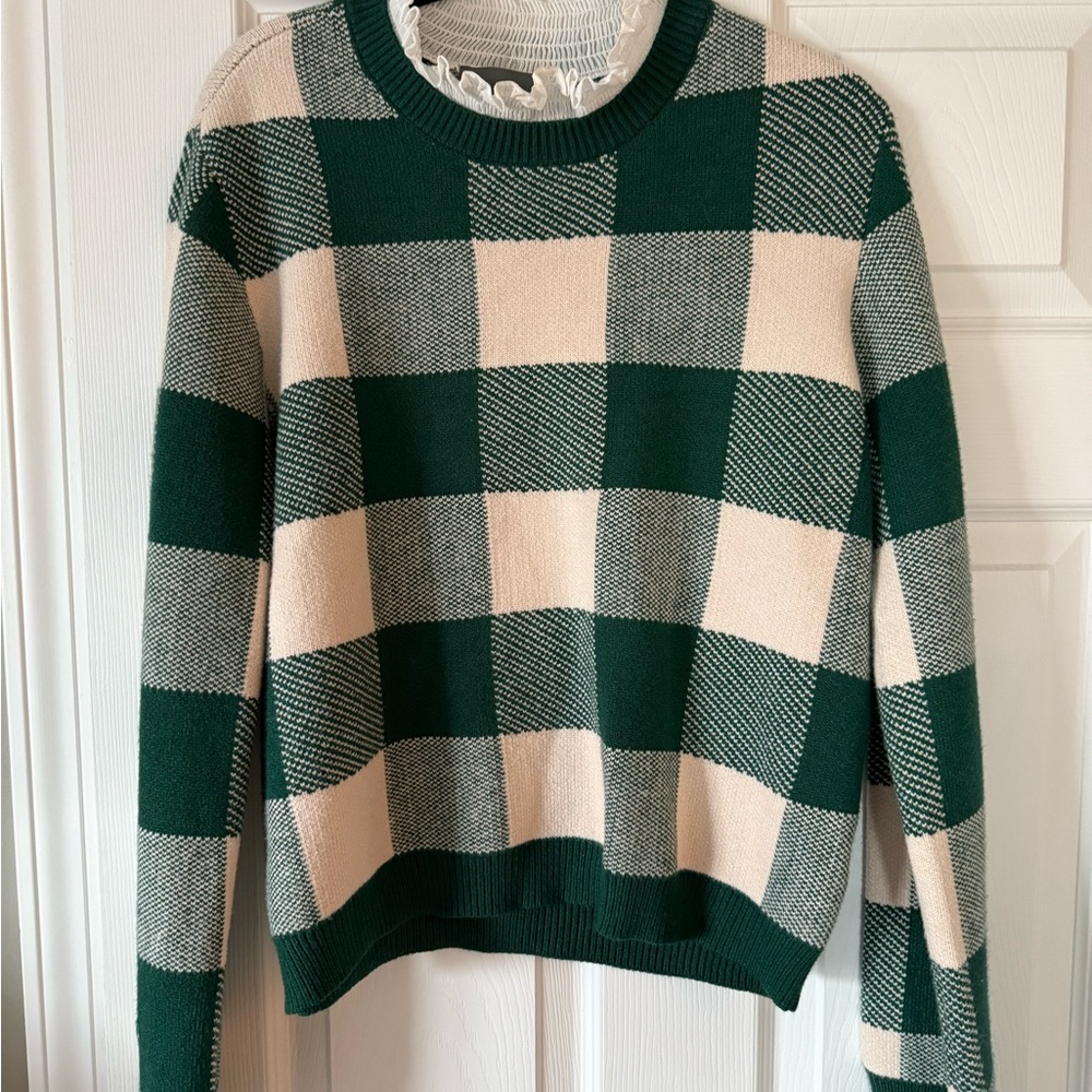 Anthropologie Green and Cream Crew Neck Sweater with Buffalo Check